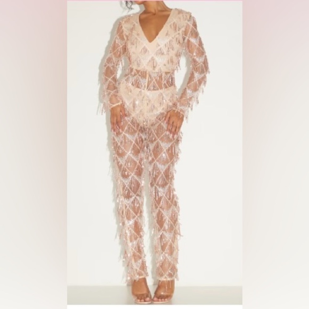 Pretty Little Thing Rose Gold Tassel Sequin Plunge Jumpsuit